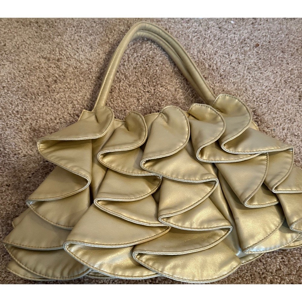 Sondra Roberts Gold Metallic Ruffle Handbag Women Tiered Shoulder Bag Evening